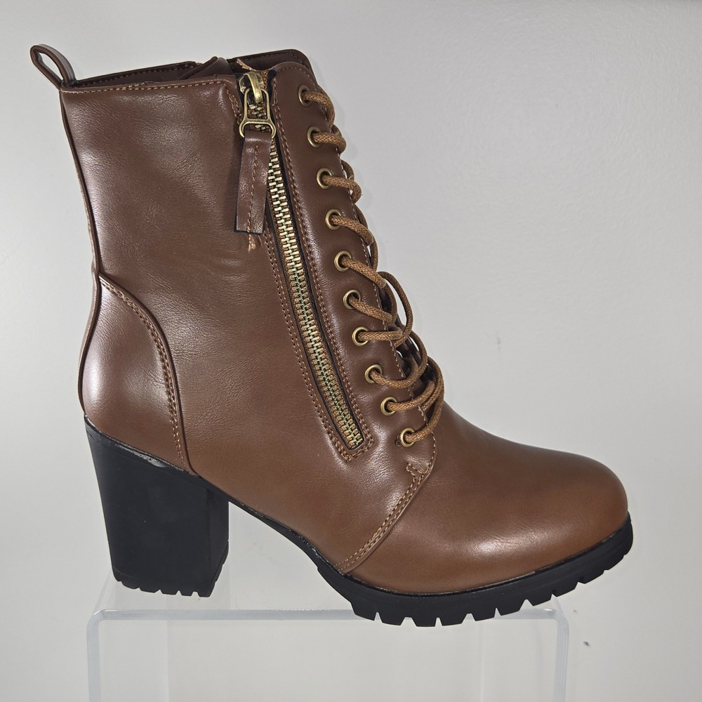 Style Lilian Brown Lace Up Combat Heeled Boots Side Zip Block Heel Size 8 AB129